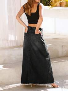 Women's Vintage Denim Maxi Skirt High Waisted A-Line Long Jean Skirt With Frayed Hem And Pockets - 黑色 - 查看 3