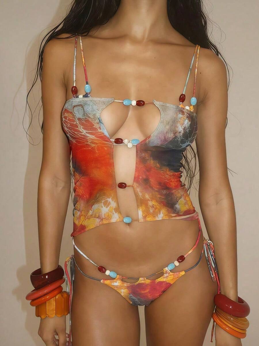 2025 Summer New Women's Fashion Retro Bohemian Style Printed Sexy Mesh Lace-Up Bikini Three-Piece Set - 彩色 - 查看 1