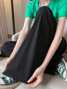 Pantalones anchos de seda helada para mujer, cintura alta, caída fluida, holgados, rectos, informales y largos hasta el suelo Pantalones de Mujer - Negro - Ver 4