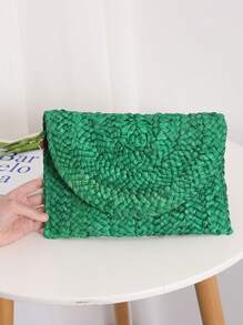 1个草编手拿包，女士夏季沙滩草编化妆包，翻盖信封手拿包，手工编织包，零钱包，女士钱包，手拿包，玉米皮包