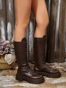 بوت ركوب طويلة جديدة للخريف/الشتاء ذات كعب سميك، بوت نسائية بأربطة وسحاب جانبي بطراز بانك، بوت بنية اللون
