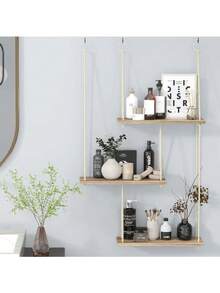 3-Tier Woven Macrame Wall Hanging With Wooden Floating Shelf, Boho Style Home Decor For Bedroom And Living Room - 1set - View 6