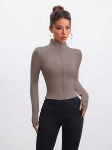 FWH 可变换高领/立领训练夹克，高性能剪裁，全天候灵活，适合多种运动，适合健身房/户外/瑜伽的多功能服装，运动时尚，可变换款式，高性能时尚，拇指孔训练上衣，修身拉链瑜伽外套（带拇指孔），女士可变换高领训练夹克 - 灰色 - 查看 5