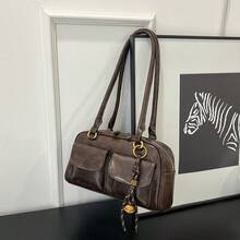 Large Capacity PU Tote Bag, Minimalist & Fashionable Women's Multi-Pocket Shoulder Bag, Solid Color Personalized Big Capacity Handbag - Coffee Brown - View 2