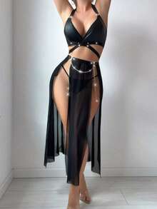 3 pièces Ensemble de lingerie sexy femme robe maxi fendue en maille avec sangle métallique en cuir verni noir, convient pour la maison, les fêtes privées ou les sorties en boîte de nuit - Noir - Voir 4