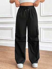 Pantalones cargo con bolsillo lateral con solapa con diseño arrugado y cordón para mujer - Negro - Ver 3