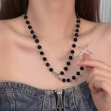 1pc Ascension Day Black Beaded Cross Star Hollow Necklace, Multicolor Resin Metal Material Gothic Style Beaded Chain, Lightweight Fashionable Accessory Suitable For Women, Men, Party, Daily Wear, School, Travel