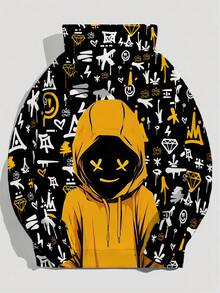 Men's Casual Hooded Sweatshirt With Cartoon Pattern, Fall