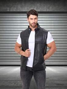 Chaleco de cuero de motocicleta para hombre, estilo deportivo sin mangas, color negro, para primavera/verano, con forro polar - Negro - Ver 7