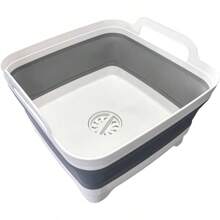 9L 2.4Gal Dish Basin Collapsible With Drain Plug Carry Handles, Kitchen Storage Tray Dish Wash Basin, Portable Dish Tub, Foldable Dishpan For Camping, RV, Gray