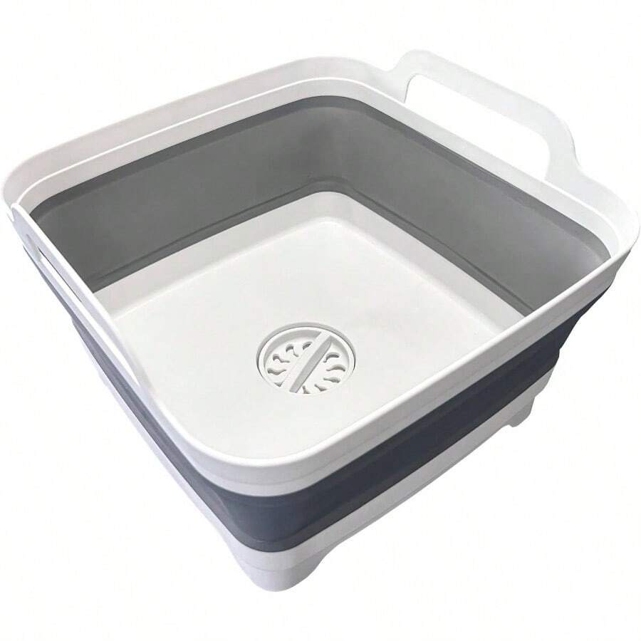 9L 2.4Gal Dish Basin Collapsible With Drain Plug Carry Handles, Kitchen Storage Tray Dish Wash Basin, Portable Dish Tub, Foldable Dishpan For Camping, RV, Gray