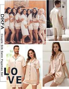 Matching Silk Satin Pajamas Set For Couple Short Sleeve Sleepwear For Women&Men 2pcs Pjs Set Button-Down Nightwear Sethalloween - 香檳色 - 查看 9
