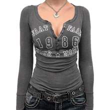 Women's Y2K Long Sleeve Henley T Shirts Button Down Slim Fit Vintage Casual Tops Graphic Crop Tops - Grey - View 1