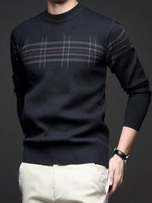 男士厚圆领毛衣，商务休闲提花针织长袖套头衫，适合分层穿着或外套，秋冬