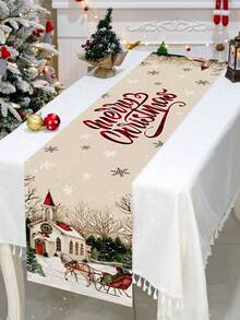 1 pièce Nappe thème de Noël, 35x180cm, thème de Noël vintage, motif d'église enneigée, thème des fêtes de Noël pour décoration de table à manger, convient pour les restaurants, les salons, les rassemblements familiaux de Noël, tissu d'hiver.