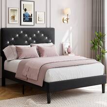Queen Bed Frame With Crystal Diamond Tufted Upholstered Headboard - Velvet Platform Bed With Sturdy Wood Slats, No Box Spring Needed, Easy Assembly, Noise-Free - Black - View 1