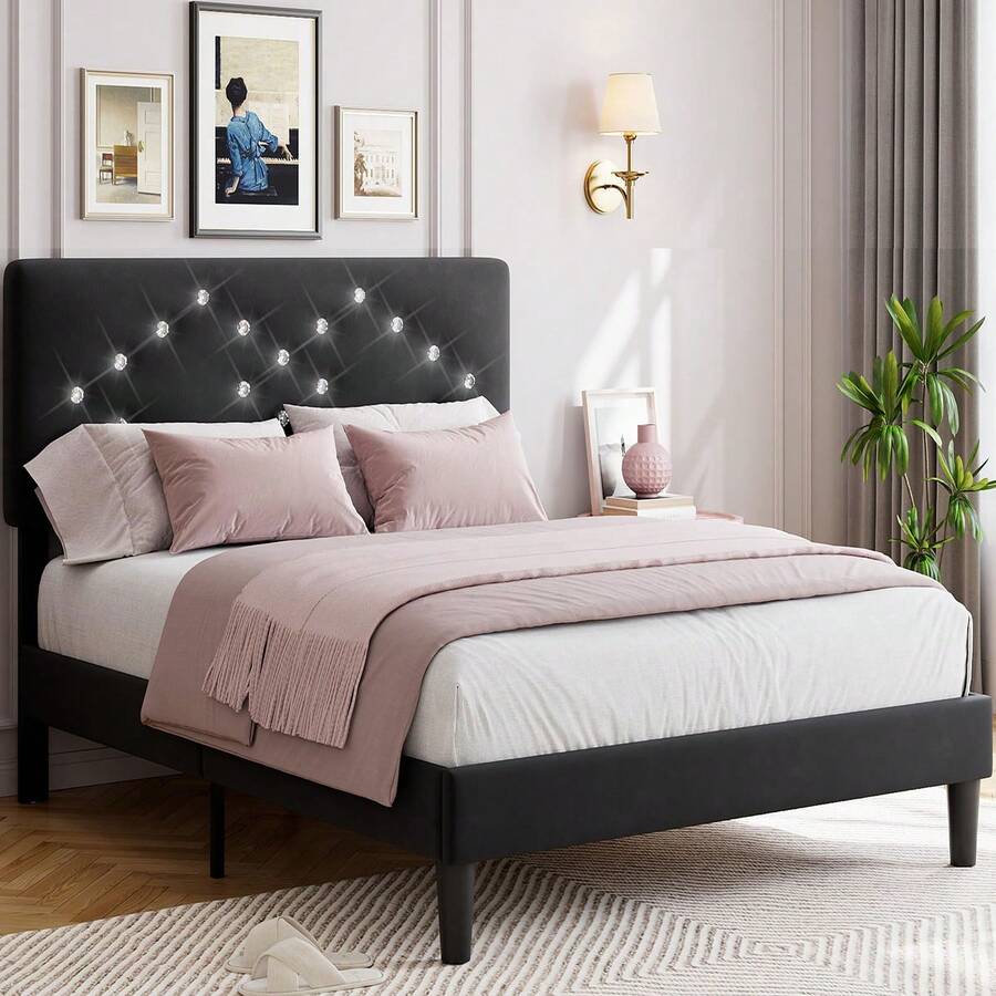 Queen Bed Frame With Crystal Diamond Tufted Upholstered Headboard - Velvet Platform Bed With Sturdy Wood Slats, No Box Spring Needed, Easy Assembly, Noise-Free - Black - View 1