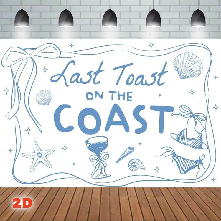 2D Flat Banner, 1pc Last Toast On The Coast Background Blue Bow Shell Champagne Photography Background Cloth Coastal Singles Party Decoration Ladies Bridal Gift Party Engagement Party Decoration Supplies - Multicolor - View 4
