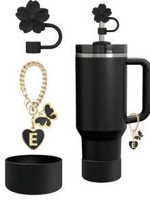 3件/2件套配件,专为30-40盎司杯子设计,包含字母标记和可重复使用的硅胶芙蓉花吸管帽,10毫米宽吸管帽,可爱的字母装饰,适合现代简约玻璃杯。 - 3pcs黑色 - 查看 14