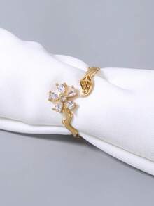 Nooxian 1 件金色四叶草花朵锆石开口戒指，女士可爱花卉宝石开口戒指 - 金黃色 - 查看 5