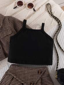 3pcs Infant Girl Plaid Blazer, Camisole Top And Skirt Set, Sweet Fashion School Style Outfit For Spring/Autumn, Suitable For School And Outdoor