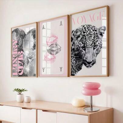 3pcs Leopard Cheetah Wall Art Picture 8 Ball Lucky Prints Canvas Paintings Pink Girly Posters Preppy Chic Luxury Decor For Bedroom, Living Room, Or Dorm Room Decor Gift For Her Unframed