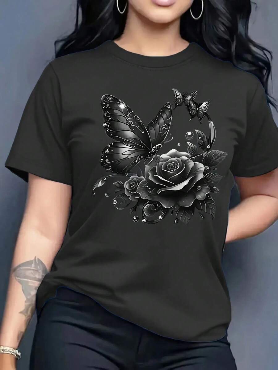Spring Tops Fashion Letter Print Women's Round Neck Pure Cotton T-Shirt Simple Design, Comfortable And Breathable, Suitable For Daily Casual Wear, Versatile, Shows Natural And Elegant Style, Summer Party Essential, Local Delivery Loose And Comfortable Summer - 黑色 - 查看 1