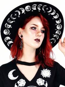 BREITER 1 件女式 Y2K 复古哥特式女巫帽,黑色印花涤纶毡帽,带有精致五角星和蕾丝花边,适合万圣节、圣诞节、化妆舞会、节日礼物 - 平簷禮帽 - 查看 17