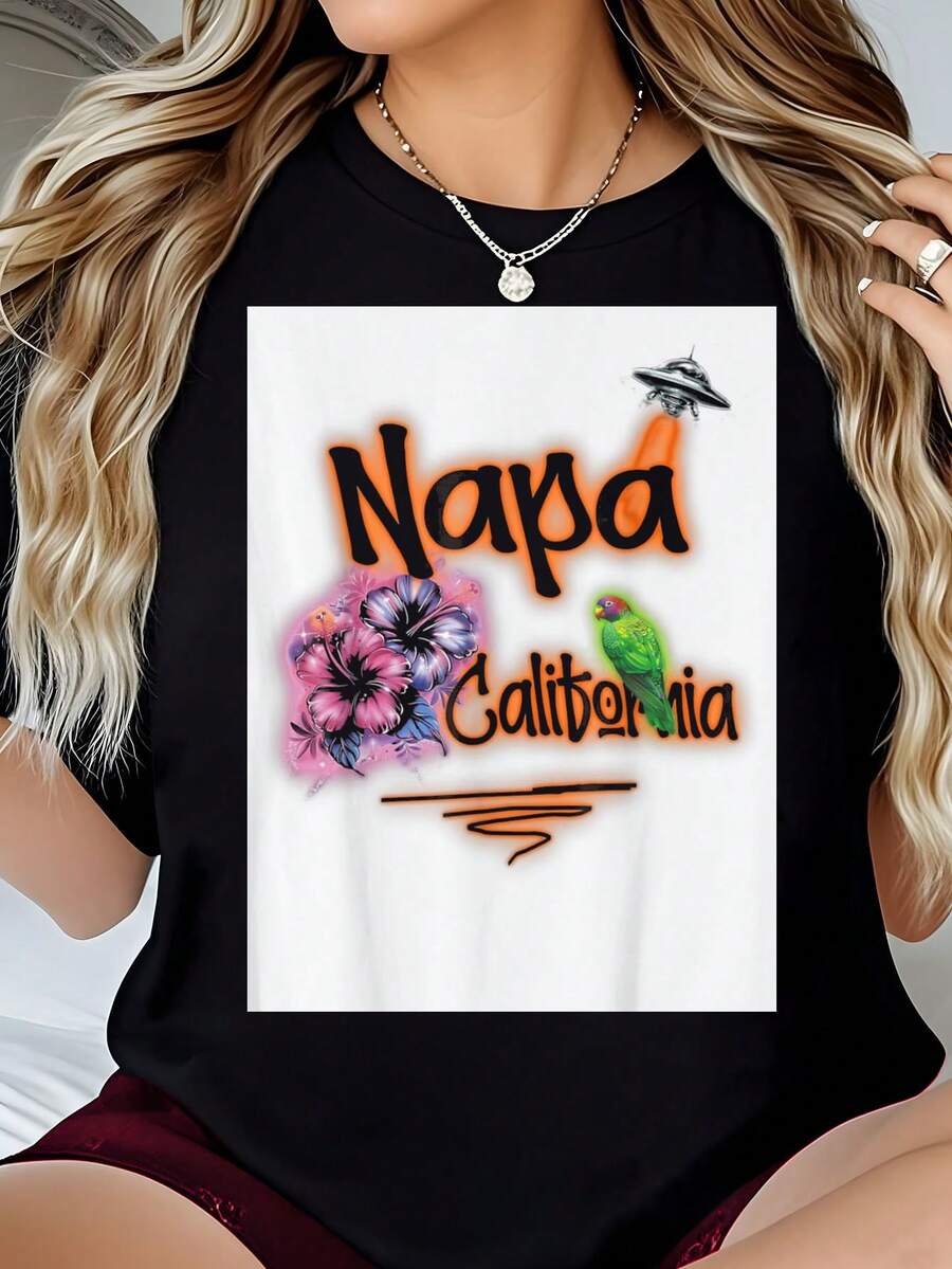 Napa California Retro Surfer Vintage Airbrush-Shirt         Graphic Tees Women Crop Tops Summer Outfits Women Summer Tops-Shirt - 黑色 - 查看 1
