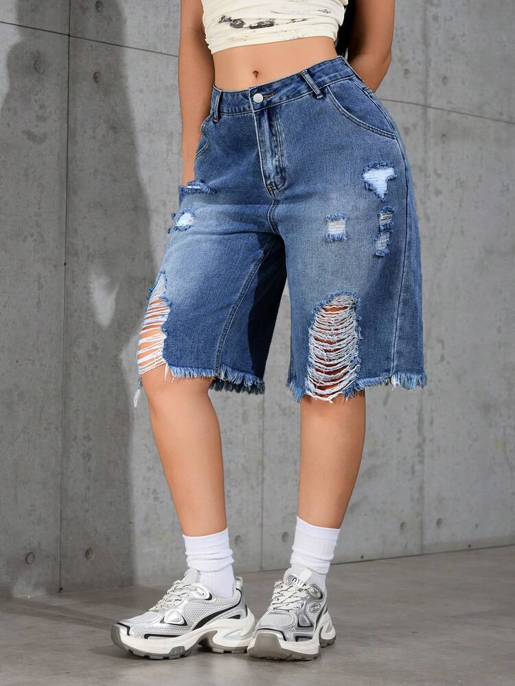 Shorts Denim Casuais de Verão Lavadas, Ombré, Desgastadas e Soltas - Azul - Visão 5