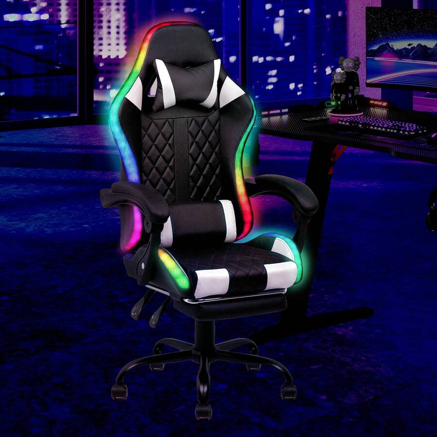 Advwin Gaming Chair 12 RGB LED Massage Ergonomic Executive Office Chair Computer Racing Recliner Footrest Seat Black & White - 黑與白 - 查看 1