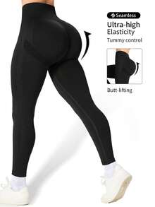 2Pcs Seamless High-Elasticity Women's Solid Color Sports Leggings,Women Tuck In The Abdomen Leggings,Lift The Buttocks And Slim The Legs Leggings,Soft Touch Quick Dry Breathable Four-Way Stretch Hip Lift Leggings For Women,Multi-Color Optional(Black/Blue/Green/Brown) - 黑色+綠色 - 查看 5