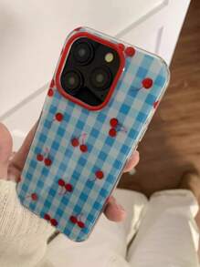 1pc Minimalist Plaid Cherry Compatible With IPhone 16 Phone Case, IPhone 15 Pro Max New Model 13 Protective Cover 14/12 Full Coverage 16 Niche With Cherry Pendant Phone Case
