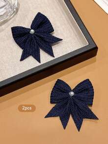 2pcs Faux Pearl Bow Hair Clips, Sweet Style Suitable For Daily Use - Navy Blue - View 6