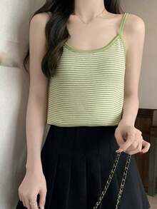 女式撞色条纹无袖休闲针织背心，春夏季 - 綠色 - 查看 2