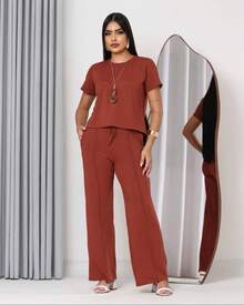 Women's Set Of Wide Leg Pants And Comfortable Sweatshirt Top Summer - ngói - Xem 2