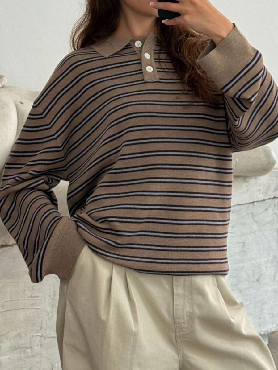 Sweaters For Women Y2k Knitted Tops Vintage Contrast Color Striped Pullovers Sweaters Long Sleeve Lapel Neck Polo Shirts Half Button Up Loose Fit Knitwear Autumn Casual Gothic Tops Daily Clothes Streetwear Aesthetic Clothes - Màu Khaki - Xem 1