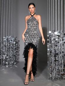 Váy Maxi hở lưng đính hạt sequin cổ yếm sang trọng dành cho nữ có viền lông vũ – Váy dạ hội lưới xẻ cao gợi cảm cho tiệc tùng, đám cưới, vũ hội - màu đen - Xem 2