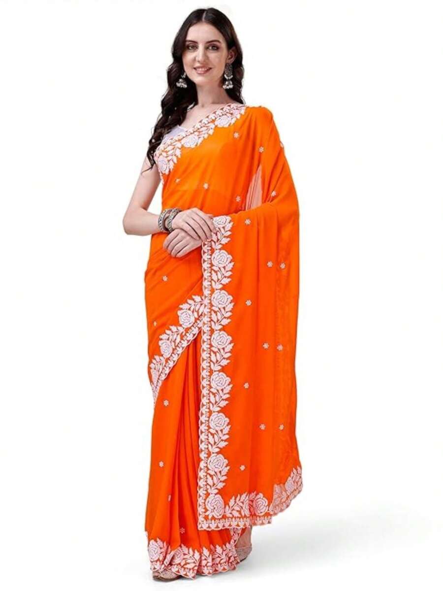 Women's Georgette Embroidery Border Work Designer Saree With Blouse Piece(Orange) - Orange - View 1
