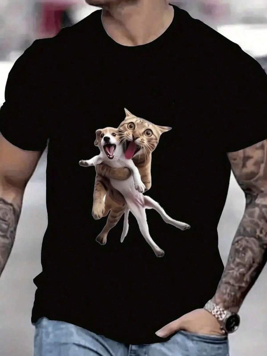 Men's High-Quality 180g Cotton Black T-Shirt - Funny Orange Cat Hugging Dog Interaction Graphic - Lightweight Casual Top - 黑色 - 查看 1