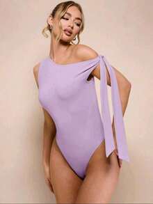 Women's Bodysuit With Tie Bow And Asymmetrical Neckline, Sleeveless, Ideal For Romantic Dates, Casual, Vacation And Summer - 淡紫色 - 查看 1
