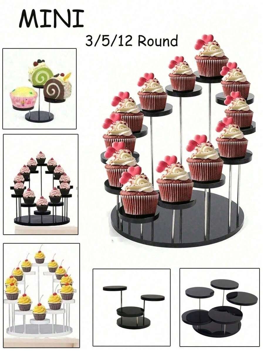 Acrylic Cupcake Stand Round Jewelry Display Stand,Multi-Layer Ring Display Stand Cupcake Holder,Cake Dessert Stand Party Decoration Essentials,Multi-Layer Round Dessert Cake Placing Rack,Suitable For Rings And Earrings, Miniature Statues, Black And Clear Wedding Accessories