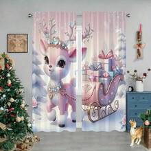 2pcs Modern Jacquard Polyester Curtain, Pink Reindeer Christmas Theme, Thermal Rod Pocket Window Curtain, Suitable For Bedroom And Living Room, Machine Washable, Including Holiday Home Decor Lining Christmas Decorations Christmas Decoration Christmas Decorations Home Room Decor - Multicolor - View 1