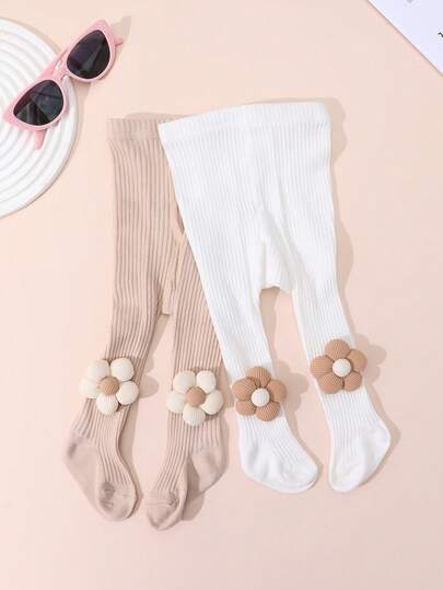 2 件女童花卉装饰舒适柔软紧身裤，适合 1-14 岁儿童户外活动