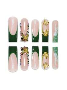 24 chiếc móng tay giả hình quan tài 3D sọc xanh lá cây kiểu Pháp, ngọt ngào và mát mẻ dành cho phụ nữ và trẻ em gái, đồ dùng làm móng hàng ngày - màu xanh lá - Xem 3