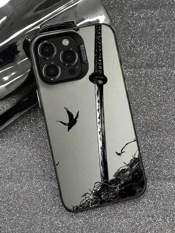 1pc New Fashion Chic Black & White Knife Print Horror Japanese Painting Pattern High-End Artistic Creative Matte Skin Feel Anti-Drop Colorful Silver Phone Case Suitable For Apple 11/12/13/14/15/16 Pro Max