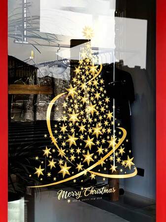 2pcs Creative Golden Christmas Tree Glass Stickers | PVC Static Snowflake Window Decals, Suitable For Smooth Doors And Windows | Can Be Used As Christmas Decorations