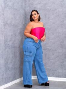 Wide Leg Cargo Jeans Plus Size Clear Simple Elegant Casual Cargo Jeans Plus Size Travel - Blue - View 4