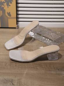 Plus Size Women's Transparent Strap Crystal High Heel Sandals, Fashionable Open Toe Chunky Heel Dress Shoes For Party, Beach, Comfortable Non-Slip Mid Heels - Silver - View 7