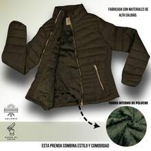 Chamarra Capitonada para Dama Con Forro de Peluche Fino, Abrigadora para temporada de lluvias, Manga Larga con Bolsillos Laterales, Moda Casual para Dama, Colores Intensos - Verde Oliva - Ver 4